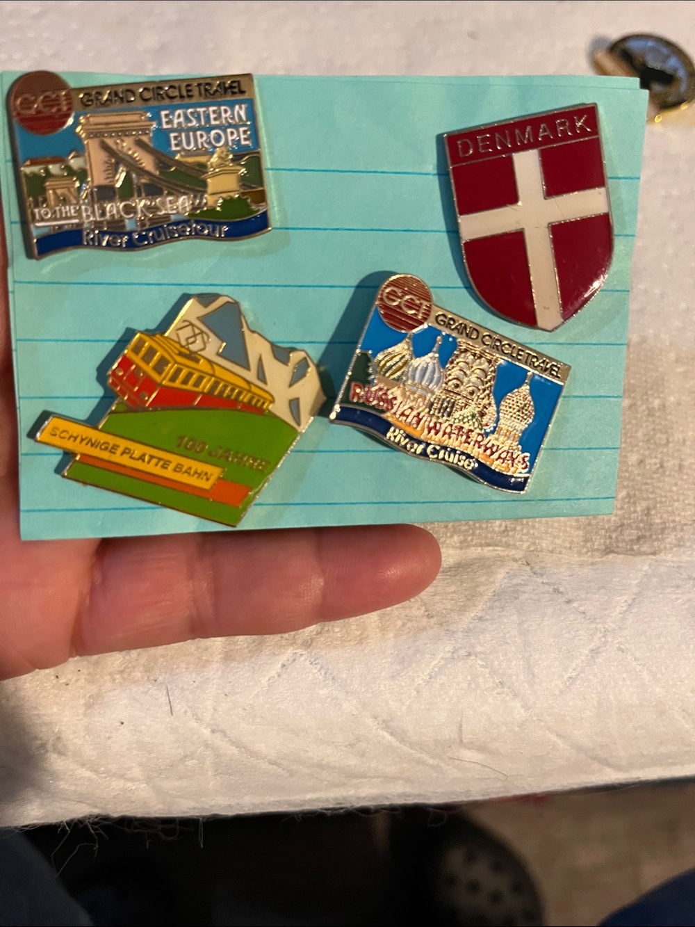 Vintage Multi-Color Enamel Travel Pin Set - Red, Blue, Green, Yellow